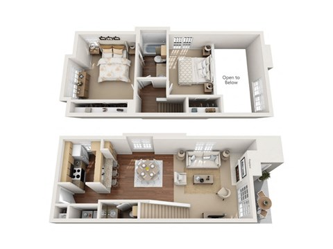 A 3D floor plan of a house with two bedrooms and a living room.